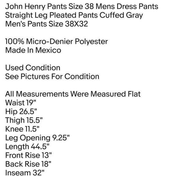 John Henry Pants Size 38 Mens Dress Pants Straight Leg Pleated Pants Cuffed Gray - Picture 6 of 6